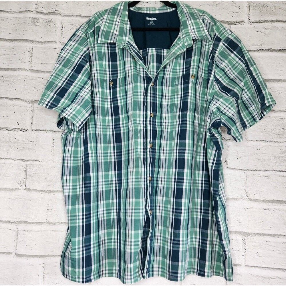 KingSize Big And Tall Short Sleeve Button Up Plaid Mens 4xl Green Casual Shirt